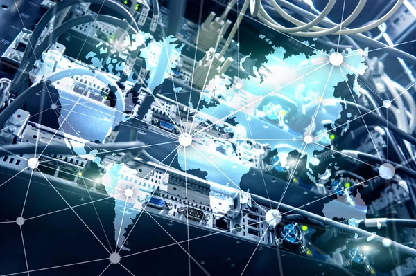 World map with communication network on server room background.