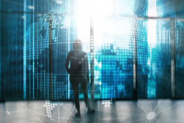 3D Dünya hologram üzerinde arka plan bulanık. Küresel iş ve iletişim kavramı.