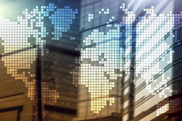 Doppelbelichtung Weltkarte Auf Wolkenkratzer Hintergrund Kommunikation Und Globales Geschäftskonzept — Stockfoto