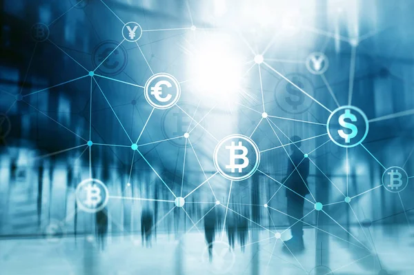 Double Exposure Bitcoin Blockchain Concept Digital Economy Currency Trading — Stock Photo, Image