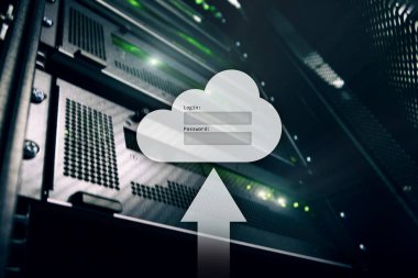 Bulut depolama, veri erişimi, Kullanıcı adı ve şifre talebi penceresini sunucu Oda arka plan üzerinde. Internet ve teknoloji kavramı.