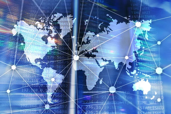 Mapa Świata Sieci Komunikacyjnej Tle Pokój Serwera — Zdjęcie stockowe