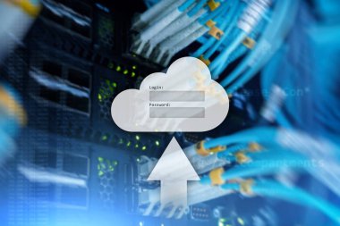 Bulut depolama, veri erişimi, Kullanıcı adı ve şifre talebi penceresini sunucu Oda arka plan üzerinde. Internet ve teknoloji kavramı.