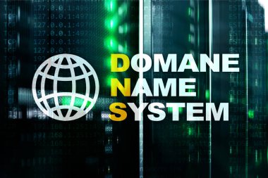Dns - domain name system, server and protocol. Internet and digital technology concept on server room background. clipart