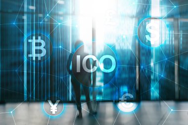 ICO - ilk para sunan, Blockchain ve cryptocurrency kavramı üzerinde bulanık iş arka plan kurma.