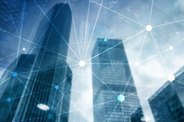 Bulanık gökdelenlerin arkaplanındaki engelleme ağı. Finansal teknoloji ve iletişim konsepti.