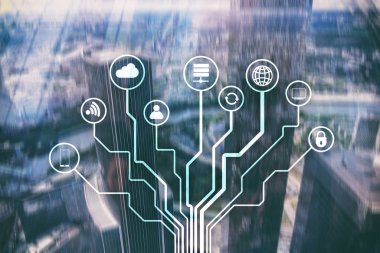 Bulanık iş merkezi zemin üzerine telekomünikasyon ve çok kavramı.