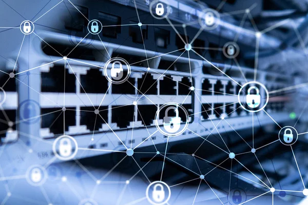 网络安全 信息隐私 数据保护概念在现代服务器机房背景下的应用 因特网和数字技术概念 — 图库照片