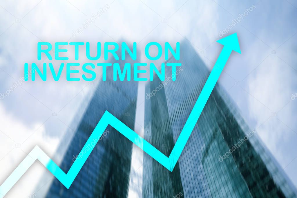 ROI - Return on investment. Stock trading and financial growth concept on blurred business center background.