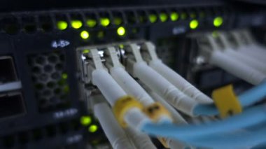Fiber optik konektör arabirimi. Raf monteli Sunucular içinde A sunucu odası, sunucu ses kablosu raf tipi. Bilgisayar bir rafa büyük veri merkezi koparan
