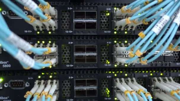 Fiber Optiska Kontakten Gränssnitt Rack Monterade Servrar Serverhall Server Rack — Stockvideo