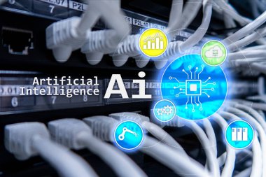 AI, yapay zeka, otomasyon ve modern bilgi teknolojisi kavramı sanal ekran üzerinde.