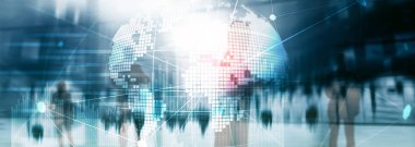 Çift Pozlama karışık ortam. 3D dünya gezegen hologram ve iletişim yapısı. Dünya geniş ağ ve küreselleşme kavramı.