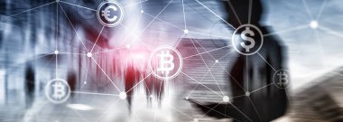 Çift Pozlama kavramı, Bitcoin ve blockchain. Dijital Ekonomi ve ticaret para.
