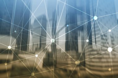 Bulanık gökdelenlerin arkaplanındaki engelleme ağı. Finansal teknoloji ve iletişim konsepti.