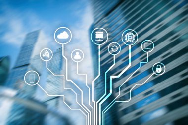 Bulanık iş merkezi zemin üzerine telekomünikasyon ve çok kavramı.