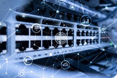 ICT - bilgi ve telekomünikasyon teknolojisi ve çok - Internet şeyler kavramları. Sunucu odası arka simgeleri ile diyagramları.