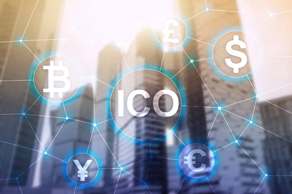 Ico Oferta Inicial Monedas Blockchain Concepto Criptomoneda Fondo Borroso Edificio —  Fotos de Stock
