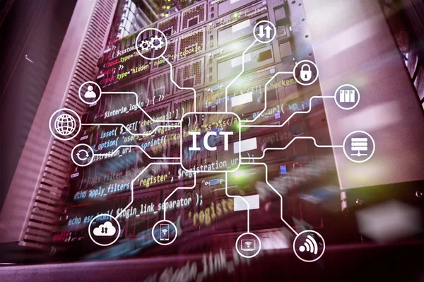 ICT - information and communications technology concept on server room background.