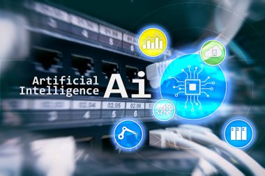 AI, yapay zeka, otomasyon ve modern bilgi teknolojisi kavramı sanal ekran üzerinde.