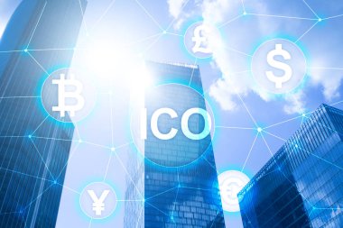ICO - ilk para sunan, Blockchain ve cryptocurrency kavramı üzerinde bulanık iş arka plan kurma.