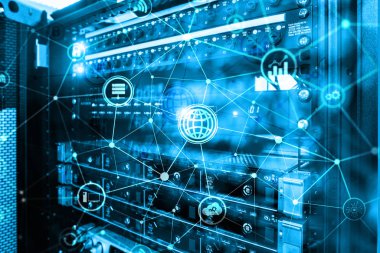 ICT - bilgi ve telekomünikasyon teknolojisi ve çok - Internet şeyler kavramları. Sunucu odası arka simgeleri ile diyagramları.