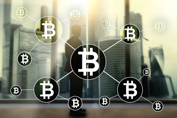 Bitcoin Kryptowaluta Blockchain Koncepcja Technologii Wieżowce Niewyraźne Tło — Zdjęcie stockowe