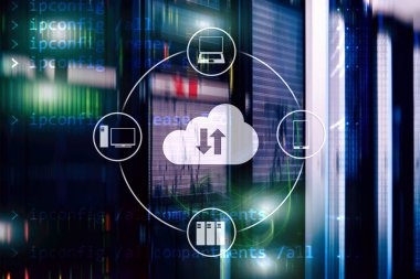 Bulut sunucu ve bilgisayar, veri depolama ve işleme. Internet ve teknoloji kavramı.