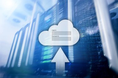 Bulut depolama, veri erişimi, Kullanıcı adı ve şifre talebi penceresini sunucu Oda arka plan üzerinde. Internet ve teknoloji kavramı.