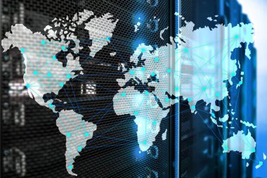 Dünya harita sunucu Oda arka plan üzerinde Internet ve telekomünikasyon konseptiyle.