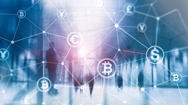 Çift Pozlama kavramı, Bitcoin ve blockchain. Dijital Ekonomi ve ticaret para.