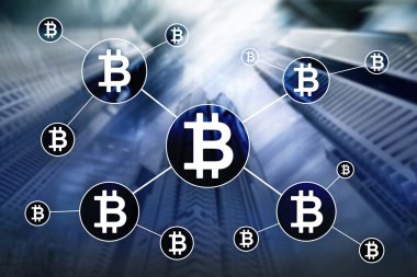 Bulanık gökdelenler arka plan üzerinde Bitcoin cryptocurrency ve blockchain teknoloji kavramı.