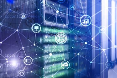 ICT - bilgi ve telekomünikasyon teknolojisi ve çok - Internet şeyler kavramları. Sunucu odası arka simgeleri ile diyagramları.