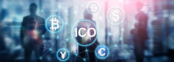 Ico Oferta Inicial Monedas Blockchain Concepto Criptomoneda Fondo Borroso Edificio —  Fotos de Stock