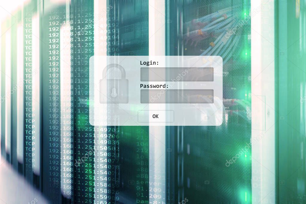 Server room, login and password request, data access and security.