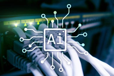AI, yapay zeka, otomasyon ve modern bilgi teknolojisi kavramı sanal ekran üzerinde.