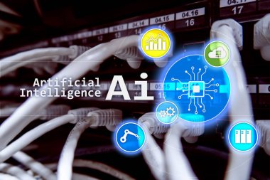 AI, yapay zeka, otomasyon ve modern bilgi teknolojisi kavramı sanal ekran üzerinde.