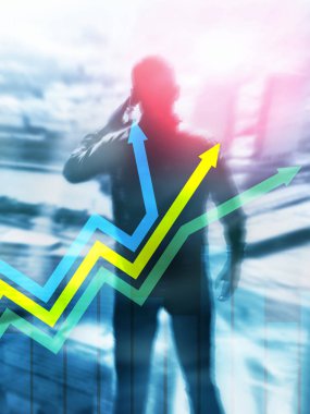 Finansal büyüme okları grafiği. Yatırım ve ticaret kavramı. Arka kapak tasarım dikey biçimi.