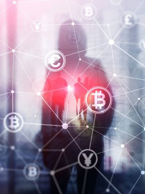 Çift Pozlama kavramı, Bitcoin ve blockchain. Dijital Ekonomi ve döviz ticareti. Arka kapak tasarım dikey biçimi.