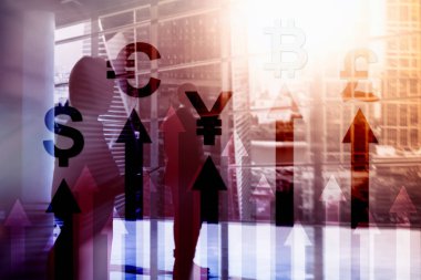 Çift Pozlama iş ve finansal kavramı. Para birimi büyüme oklar. Hisse senedi ticareti ve forex.