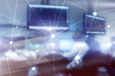 Bulanık gökdelenlerin arkaplanındaki engelleme ağı. Finansal teknoloji ve iletişim konsepti.