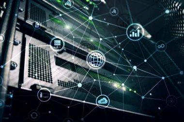 ICT - bilgi ve telekomünikasyon teknolojisi ve çok - Internet şeyler kavramları. Sunucu odası arka simgeleri ile diyagramları.