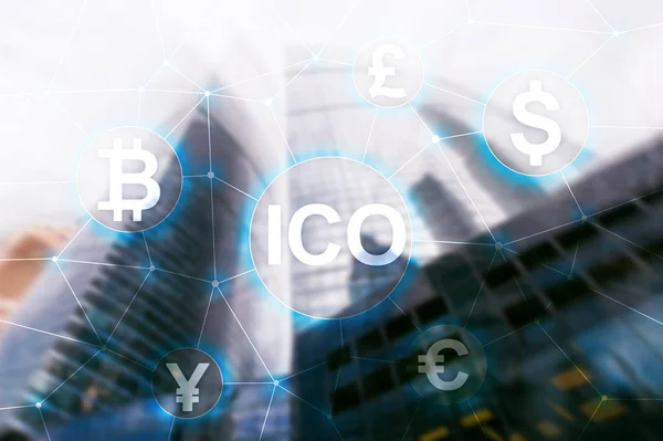 Ico Oferta Inicial Monedas Blockchain Concepto Criptomoneda Fondo Borroso Edificio —  Fotos de Stock