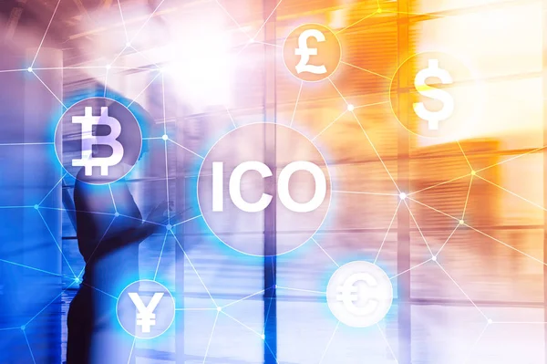 Ico Oferta Inicial Monedas Blockchain Concepto Criptomoneda Fondo Borroso Edificio —  Fotos de Stock