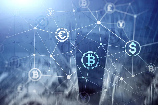 Double Exposition Bitcoin Blockchain Concept Économie Numérique Trading Devises — Photo