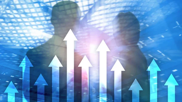 Gráfico Seta Para Cima Fundo Arranha Céu Conceito Investimento Crescimento — Fotografia de Stock
