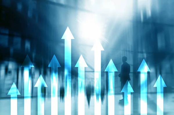 Gráfico Flecha Hacia Arriba Sobre Fondo Rascacielos Concepto Inversión Crecimiento —  Fotos de Stock