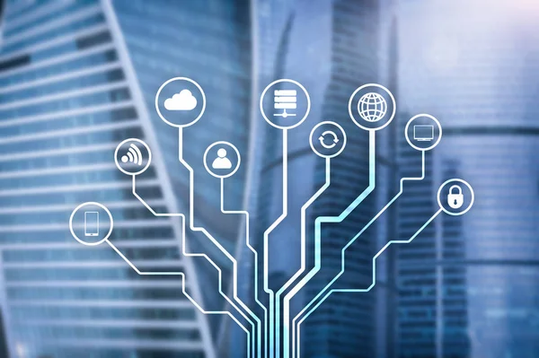 Bulanık iş merkezi zemin üzerine telekomünikasyon ve çok kavramı.