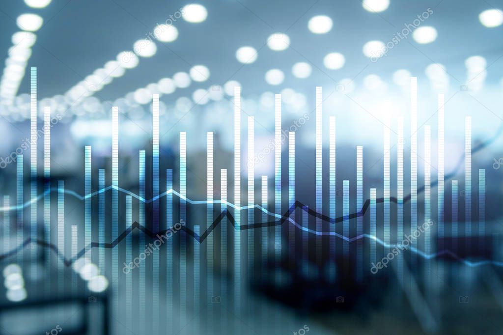 Double exposure Economics growth diagrams on blurred background. Business and investment concept.