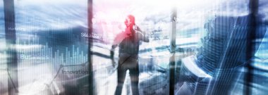 İş arka plan çift pozlama grafik, grafik ve diyagram. Dünya geniş harita ve Global iş ve finansal kavramı ticaret.
